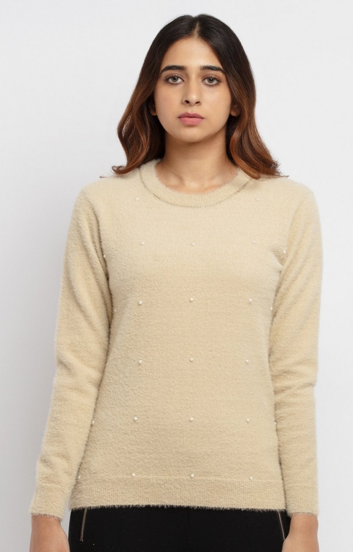 Beige Polycotton Solid Sweaters