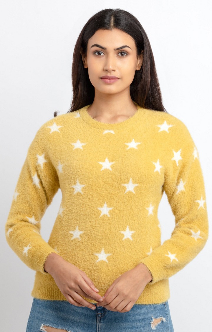 Women's Yellow Acrylic Solid Sweaters