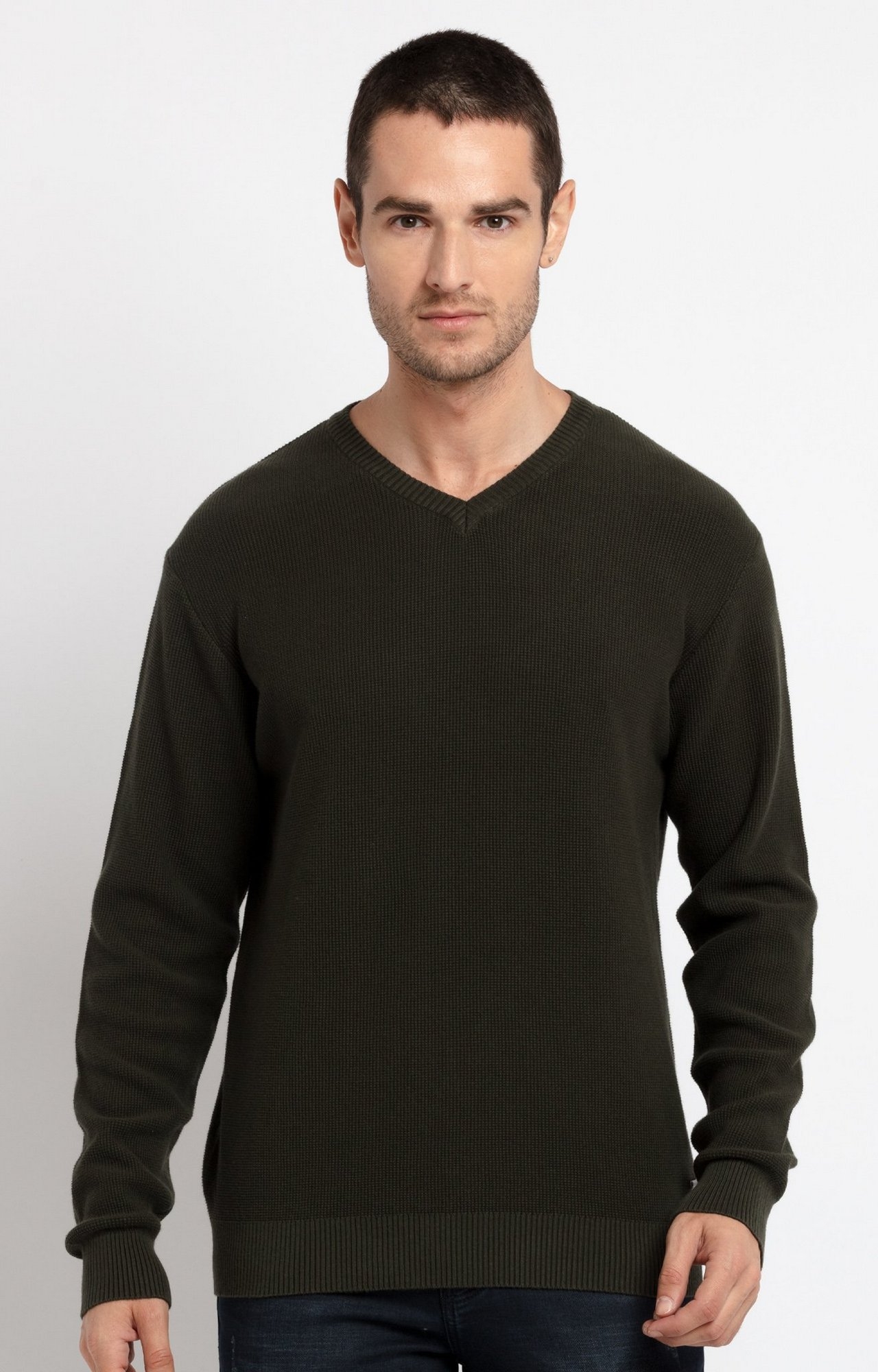 Status Quo | Mens Olive Solid V-Neck Sweater