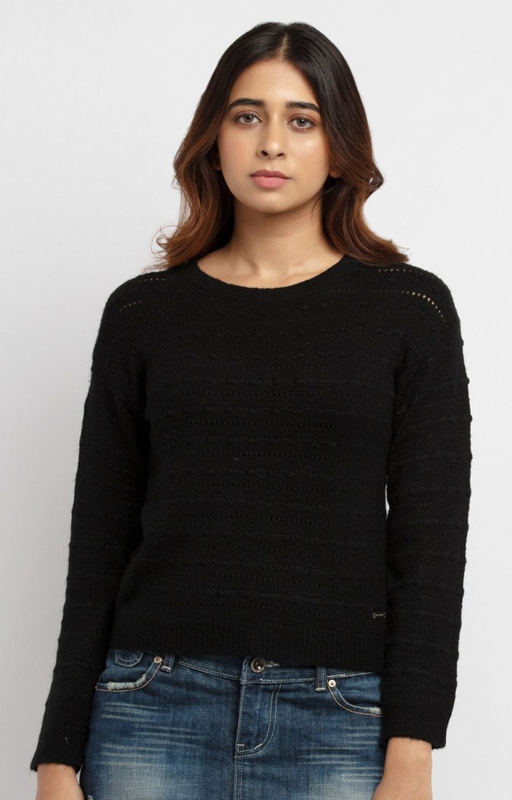 Women's Black Polycotton Solid Sweaters