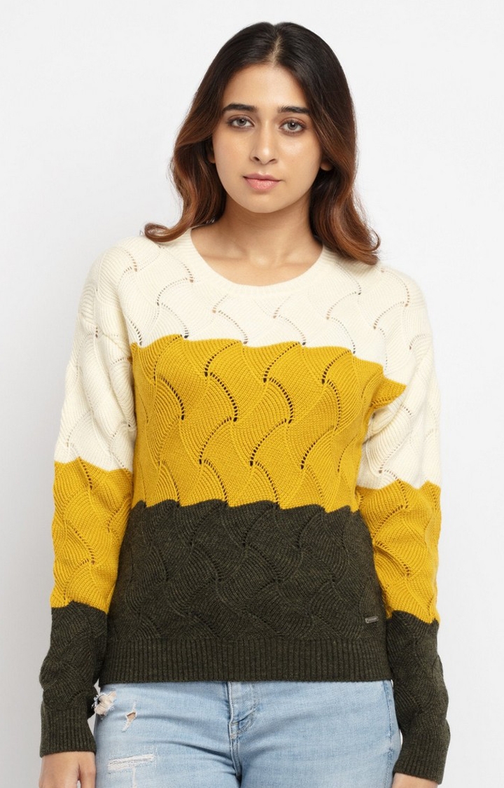 Women's Yellow Polycotton Colourblock Sweaters