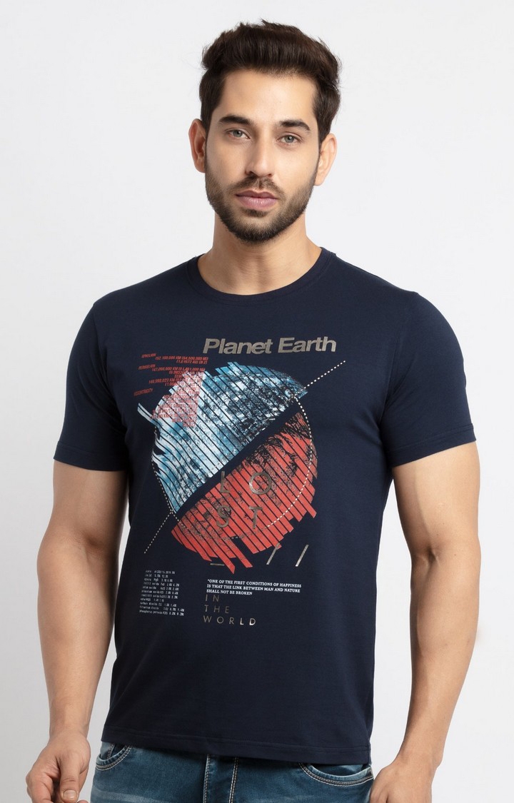 Men's Blue Cotton Printeded Regular T-Shirt
