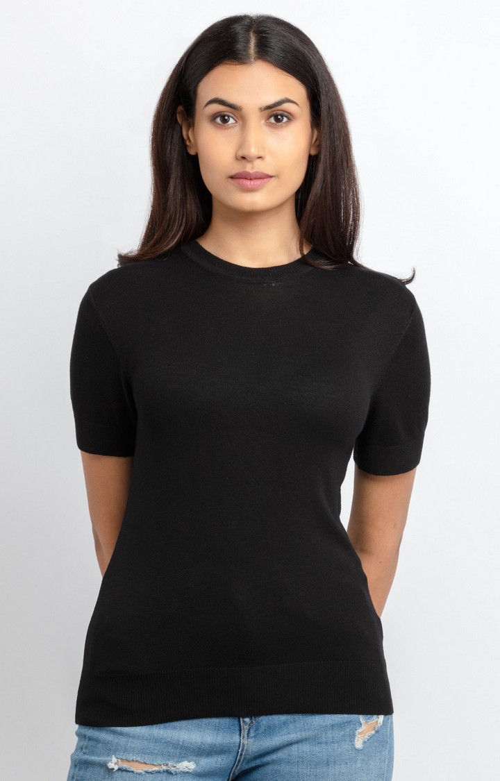 Women's Black Viscose Solid Regular T-Shirt