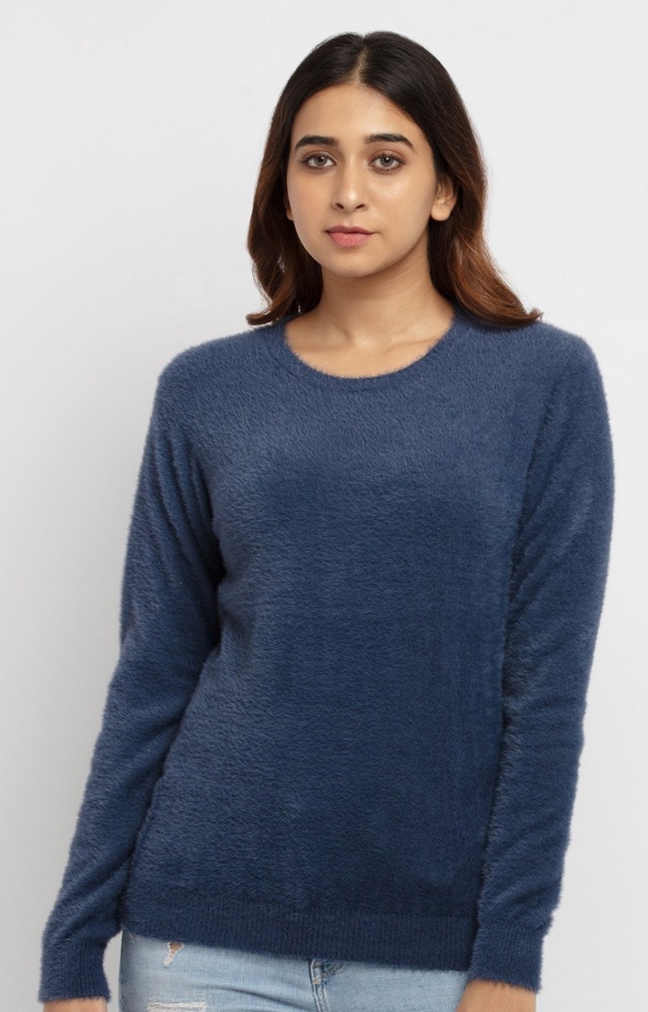 Blue Polycotton Solid Sweaters