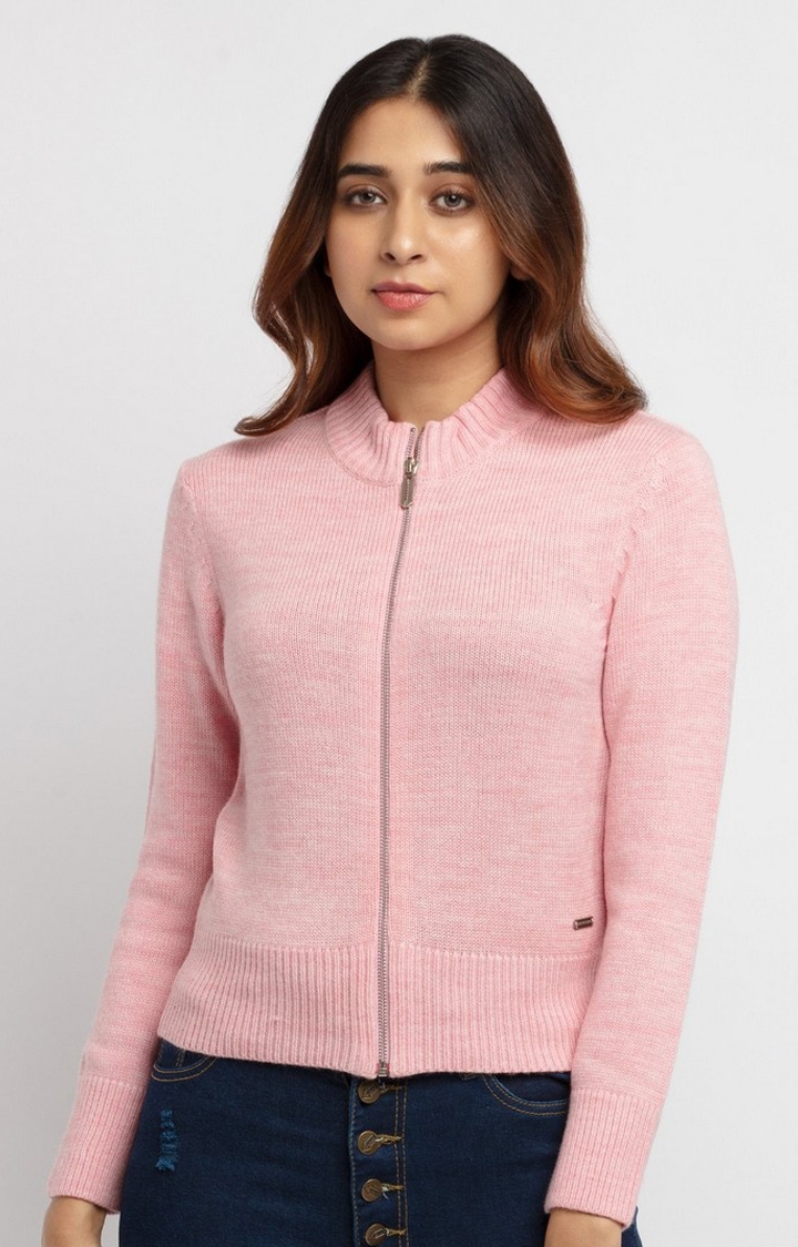Women's Pink Polycotton Solid Sweaters