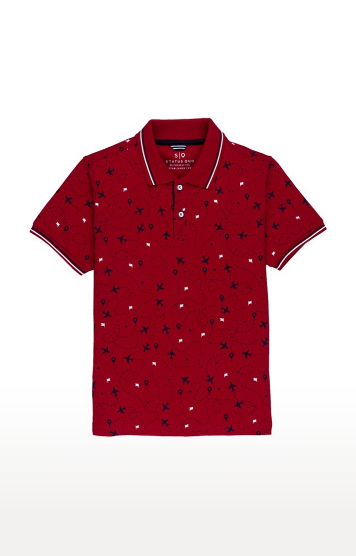 Boy's Red Cotton Printed Polos