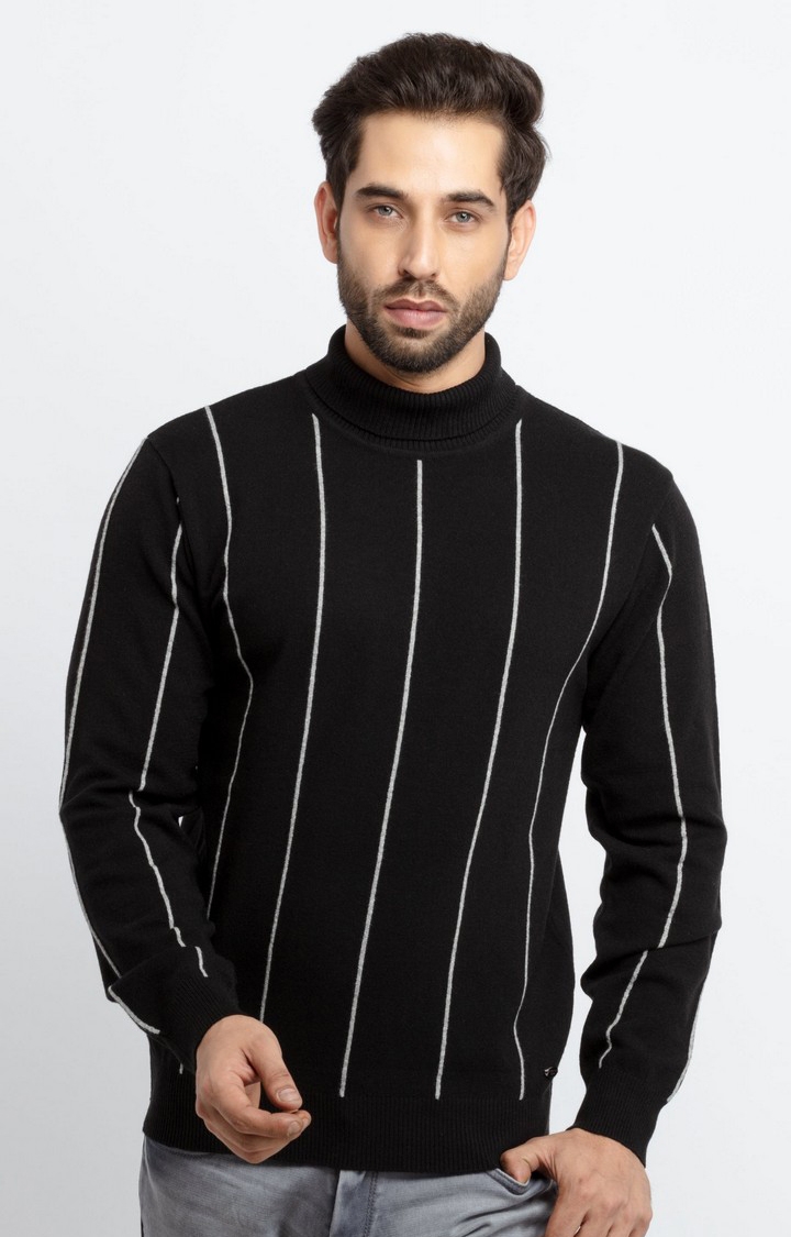 Men's Black Acrylic Striped Sweaters