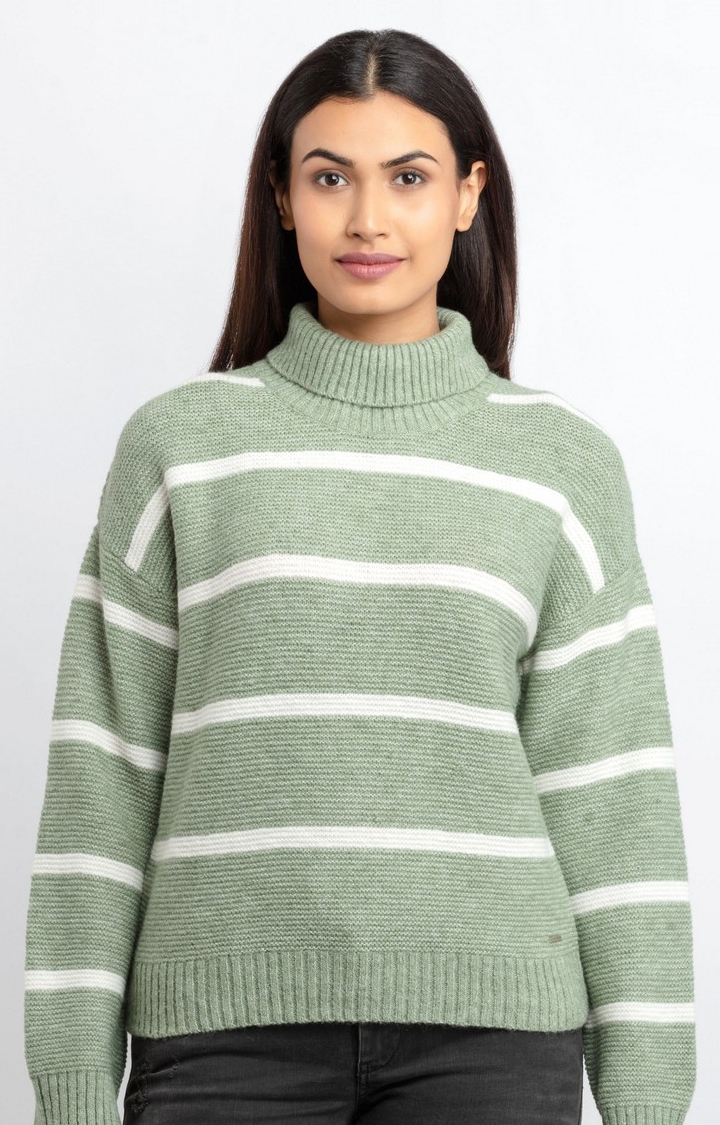Women's Green Acrylic Striped Sweaters