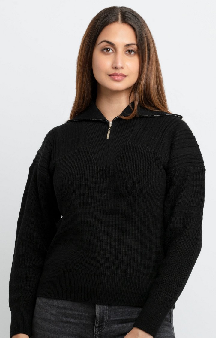 Status Quo | Women's Black Acrylic Solid Sweaters