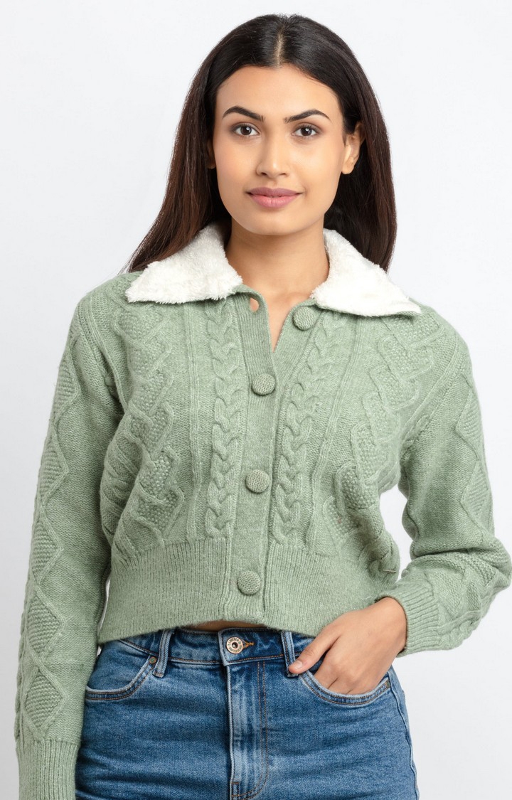 Women's Green Acrylic Textured Sweaters