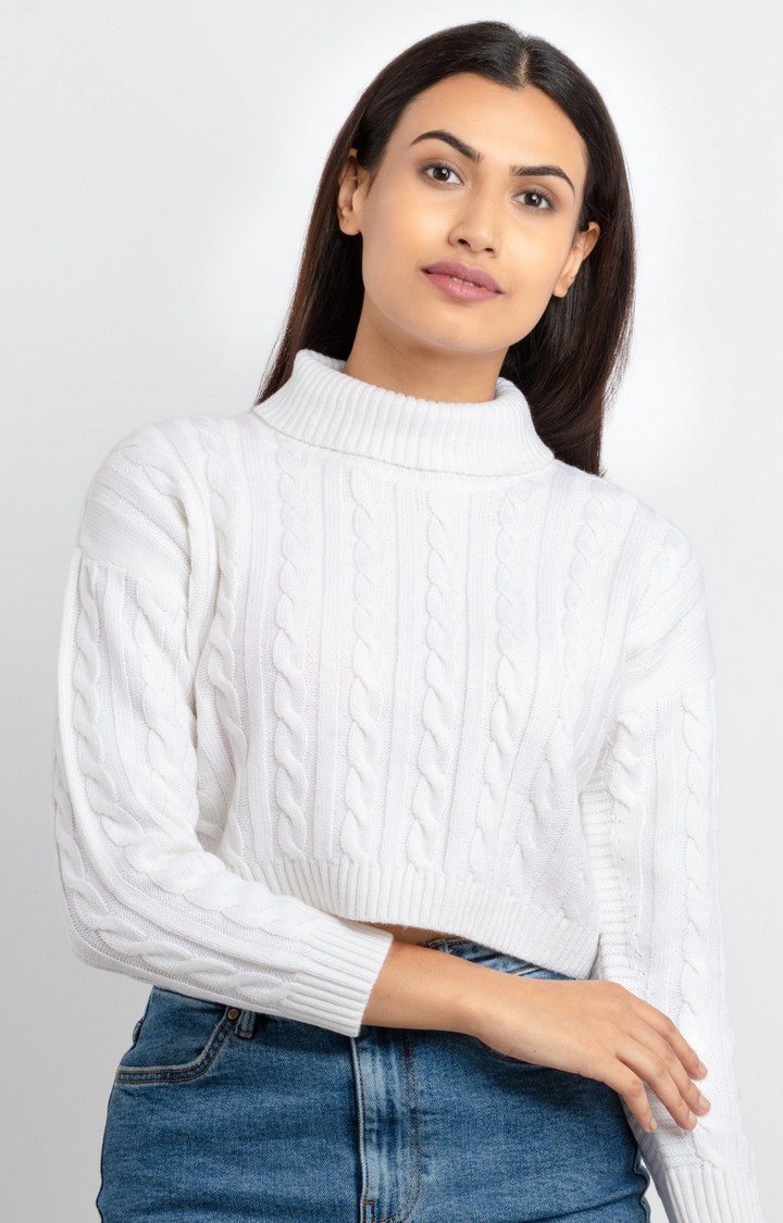 Women's White Acrylic Textured Sweaters