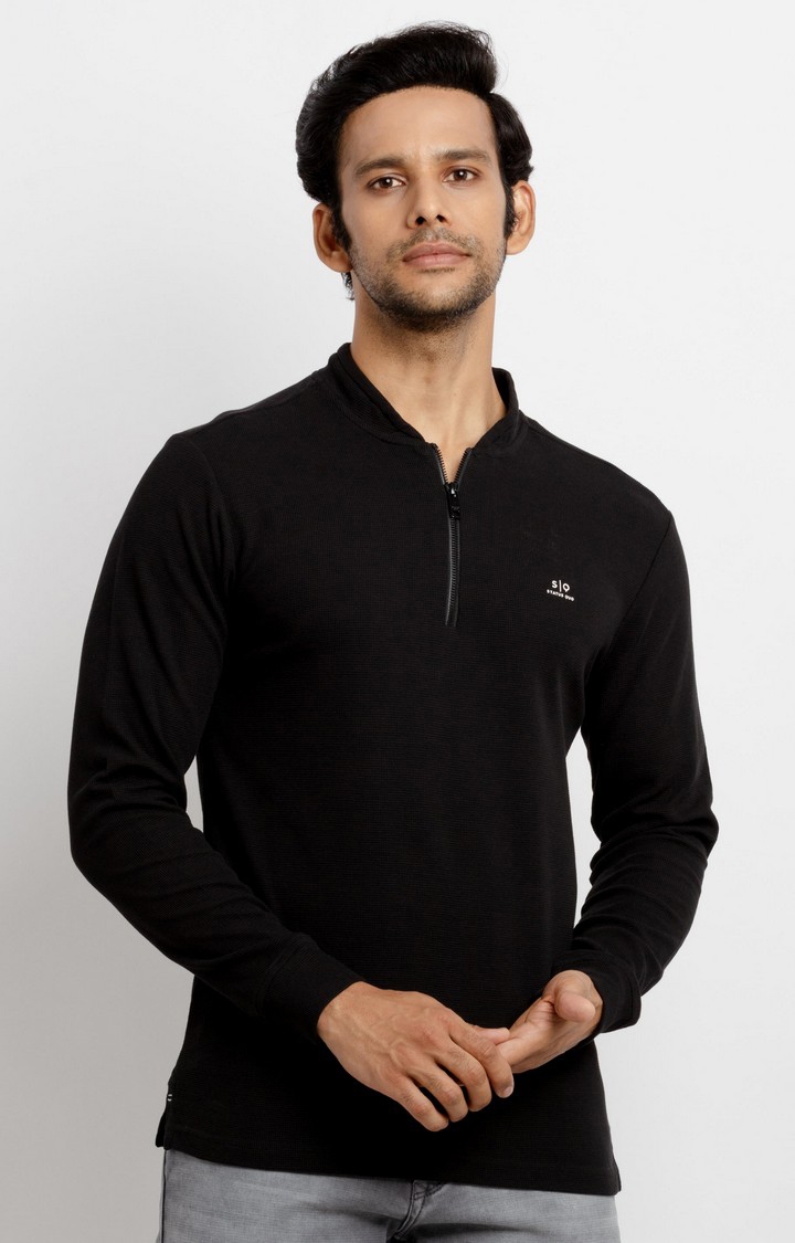 Men's Black Polyester Solid Polos