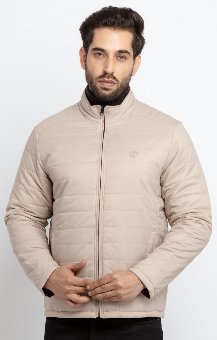 Beige Nylon Quilted Turtle Neck Bomber Jackets