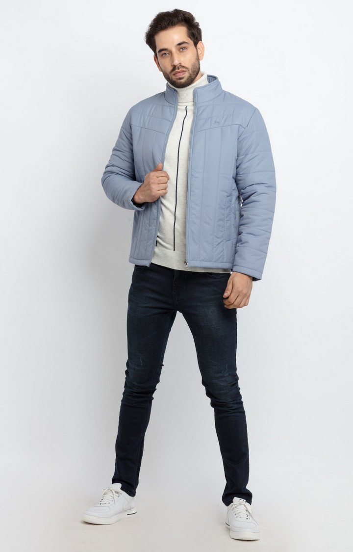 Men's Blue Polyester Quilted Bomber Jackets