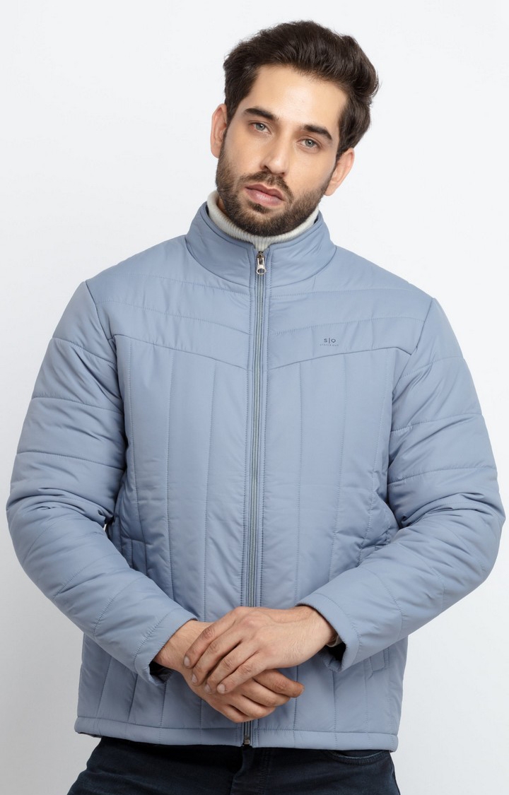 Blue Polyester Quilted Turtle Neck Bomber Jackets