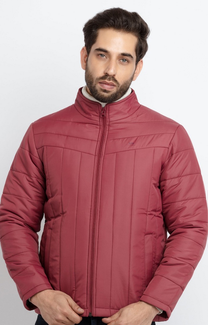 Red Polyester Quilted Turtle Neck Bomber Jackets