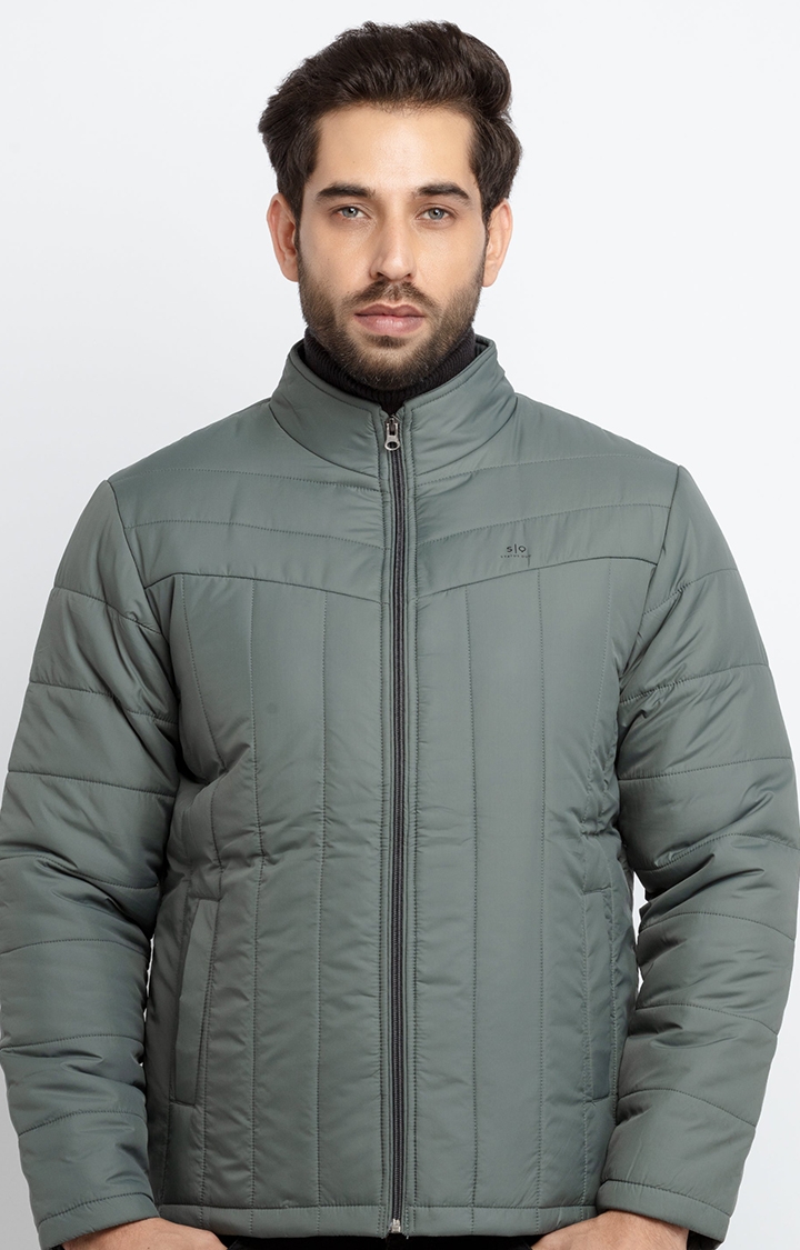 Green Polyester Quilted Turtle Neck Bomber Jackets