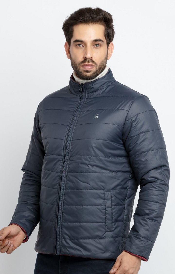Men's Blue Polyester Quilted Bomber Jackets