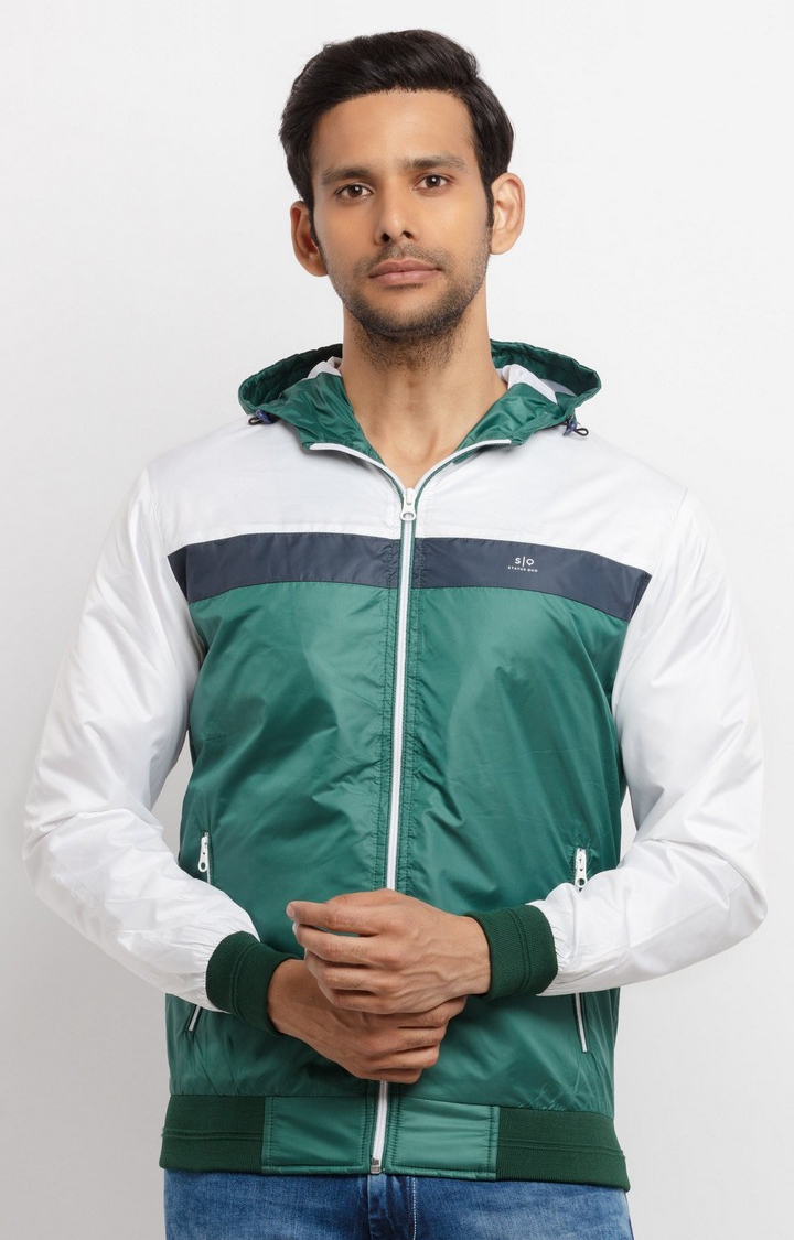 Green Polyester Colourblock Hooded Activewear Jackets
