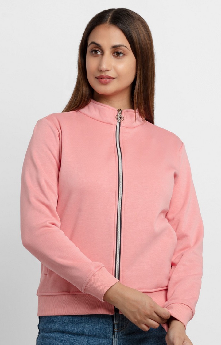Women's Pink Polyester Solid Sweatshirts