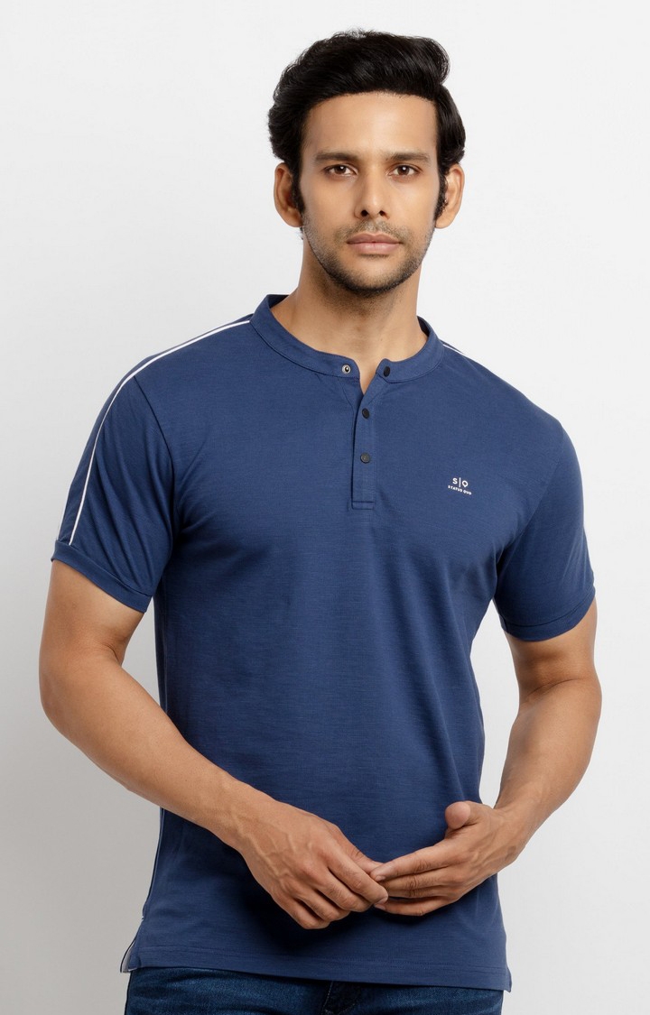 Blue Cotton Solid T-Shirts