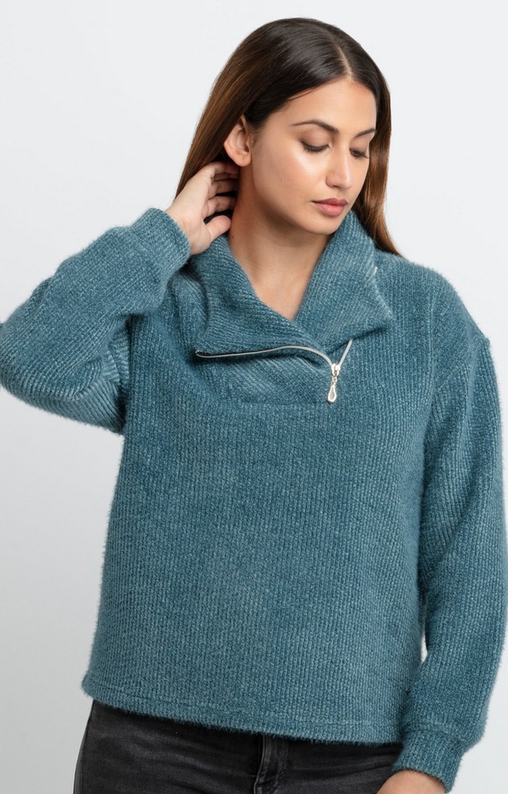 Status Quo | Women's Blue Polyester Solid Sweatshirts