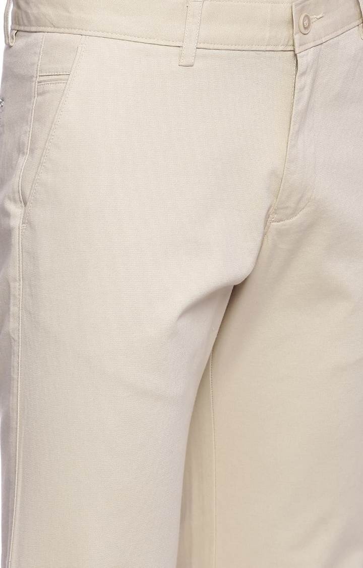 Men's Beige Cotton Blend Solid Chinos