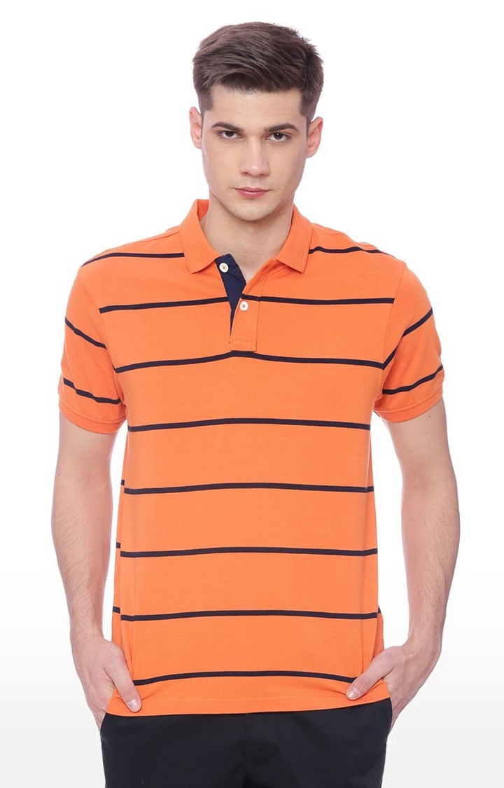 Men's Orange Cotton Striped Polos