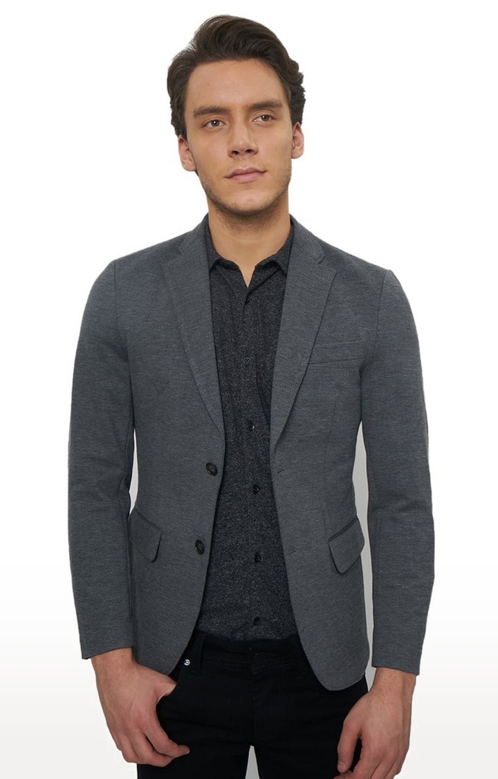 Men's Grey Polyester Solid Blazers