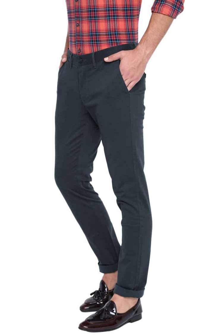 Men's Navy Cotton Blend Solid Chinos
