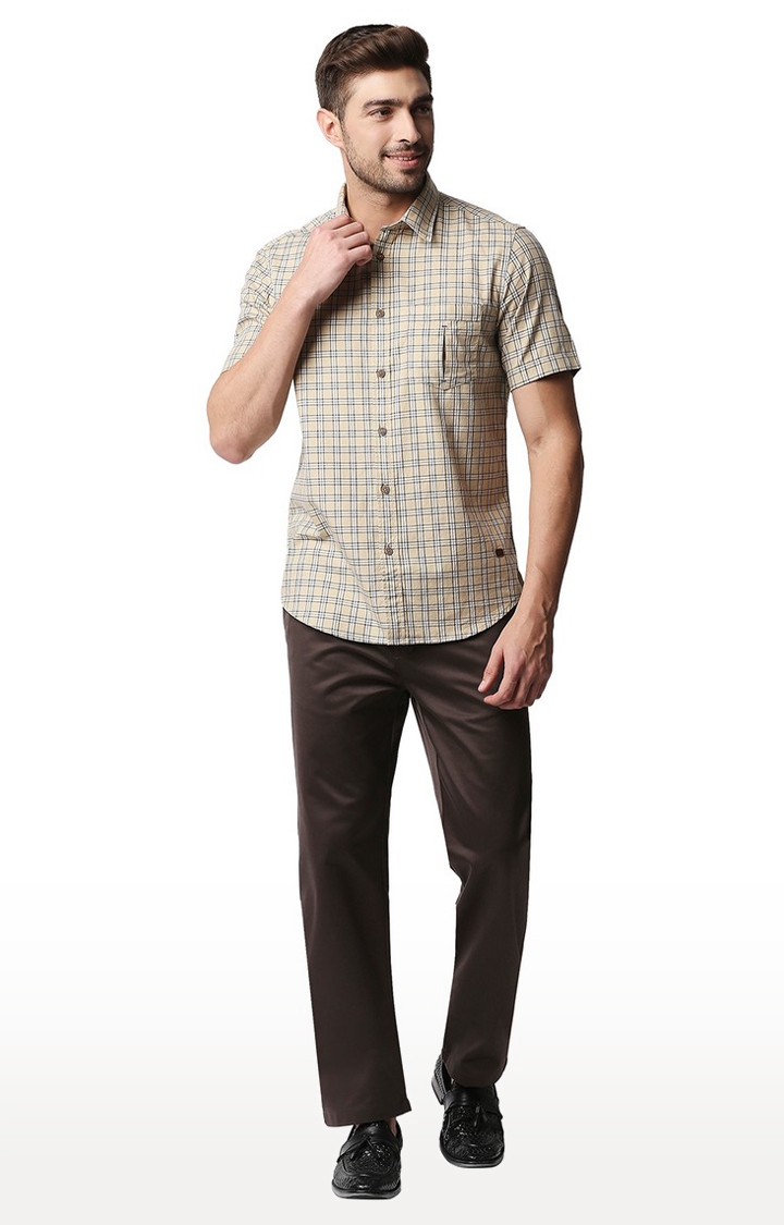 Men's Mid Brown Cotton Blend Solid Trouser
