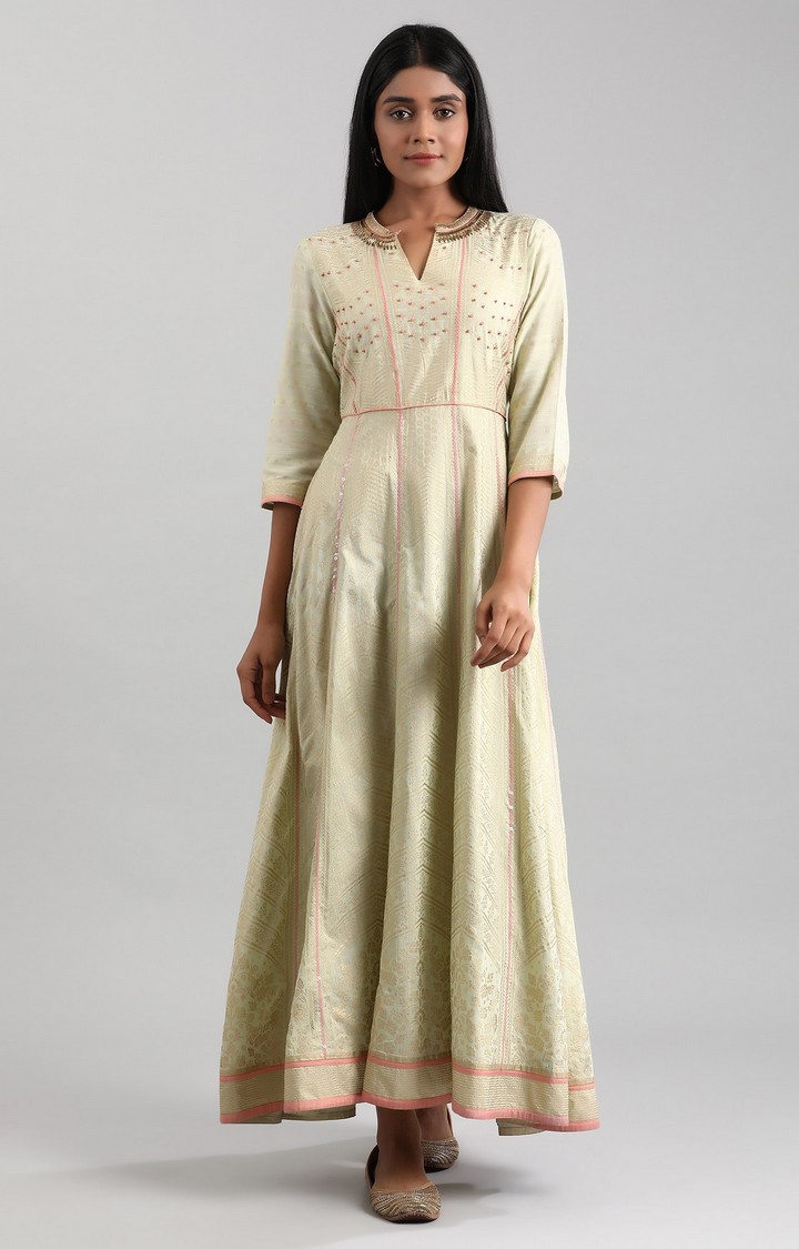 Green Round Neck Printed Ethnic Gown