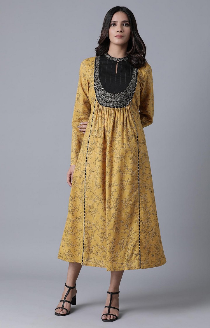 Yellow Embroidered and Printed Ethnic Gown