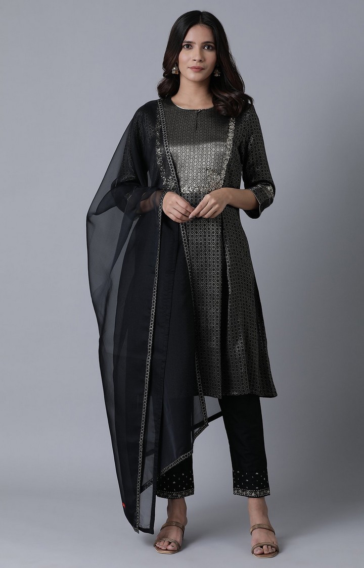 Women's Black Viscose Geometrical Ethnic Suit Sets