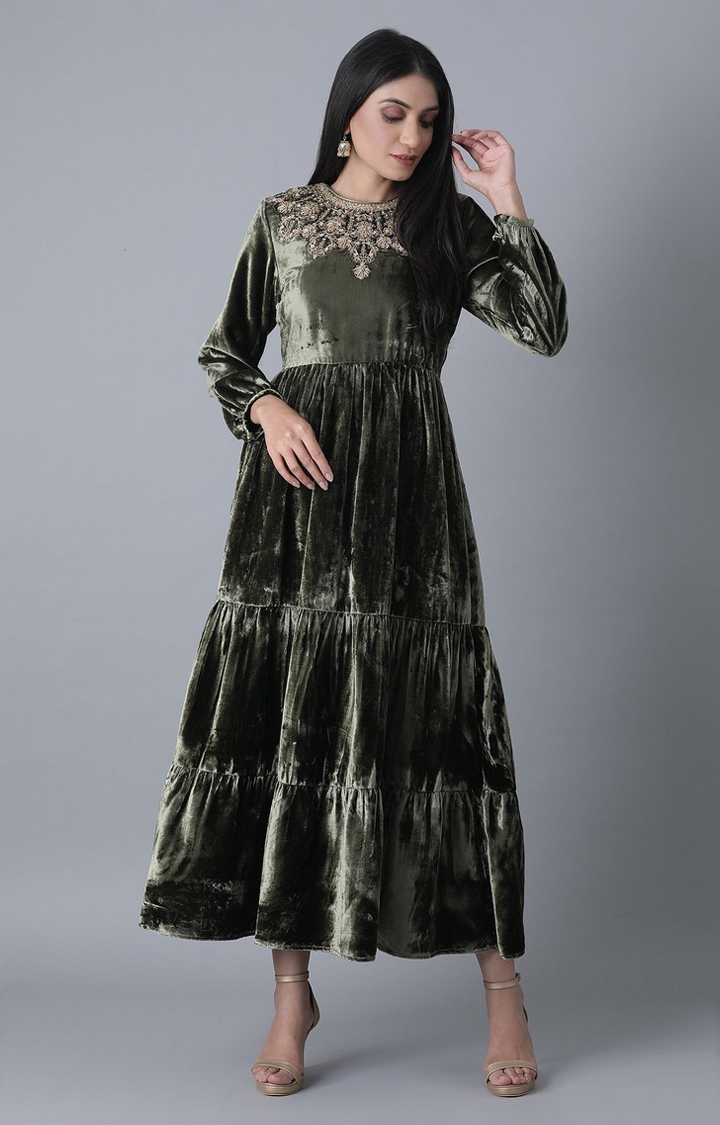Wishful By W Olive Velvet Ethnic Gown