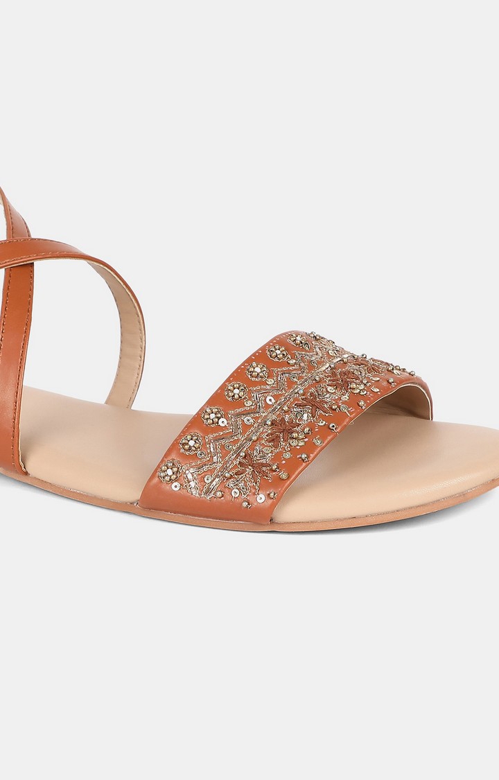 Light Tan Round Toe Embroidered Flat
