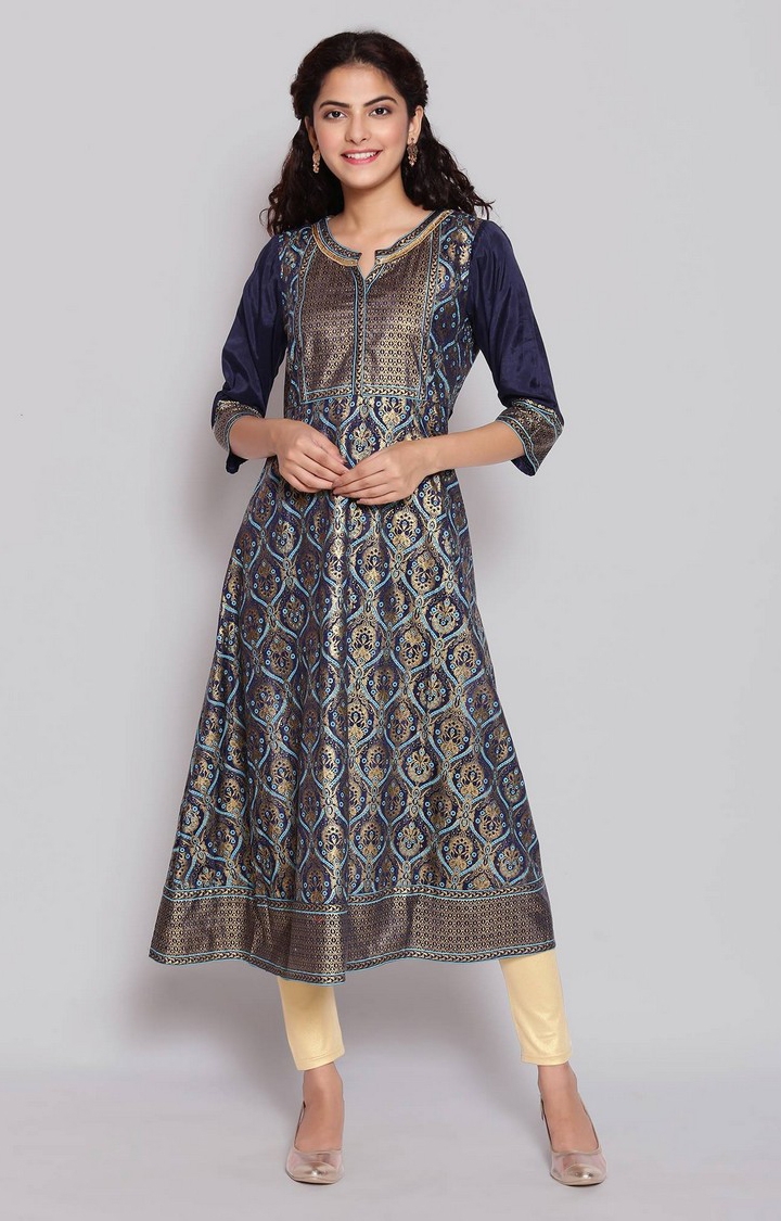 Navy Blue Foil Print Flared Ethnic Gown