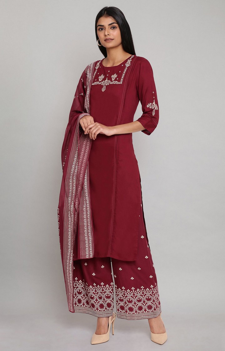 Women's Red Viscose Solid Ethnic Suit Sets