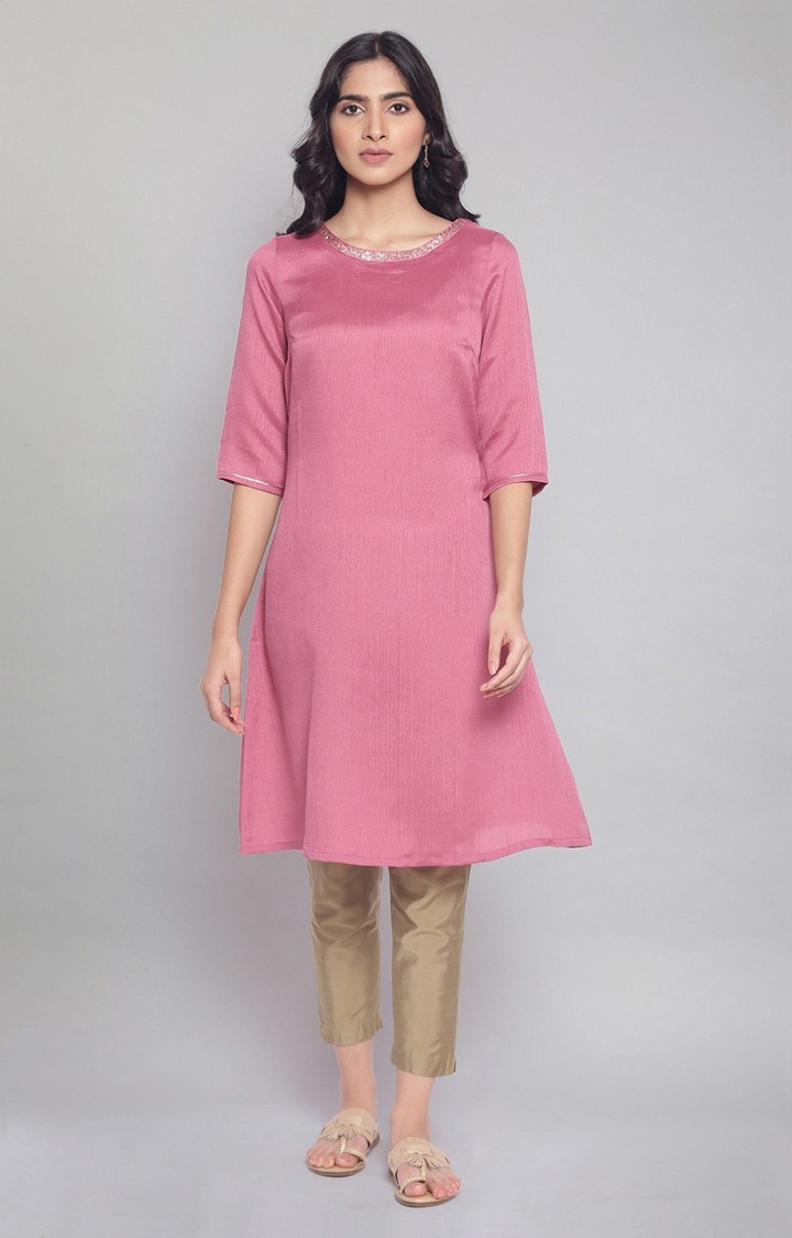 Women's Pink Polyester Solid Kurtas