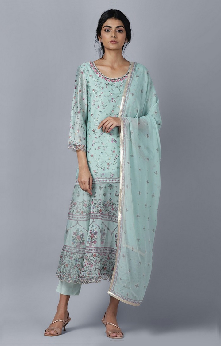 Women's Blue Polyester Floral Ethnic Suit Sets