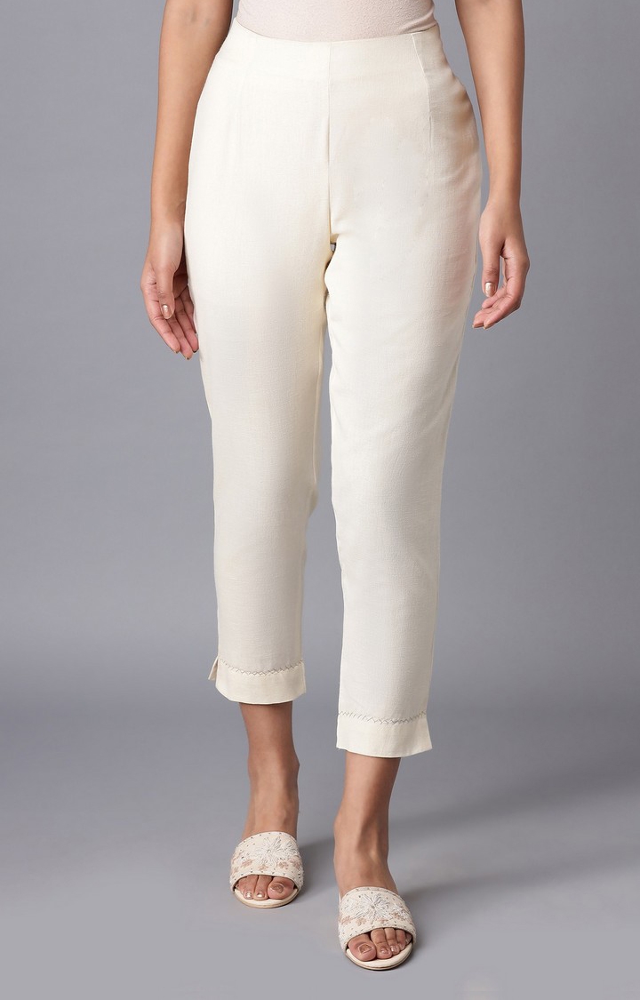 Women's White Cotton Blend Solid Trousers