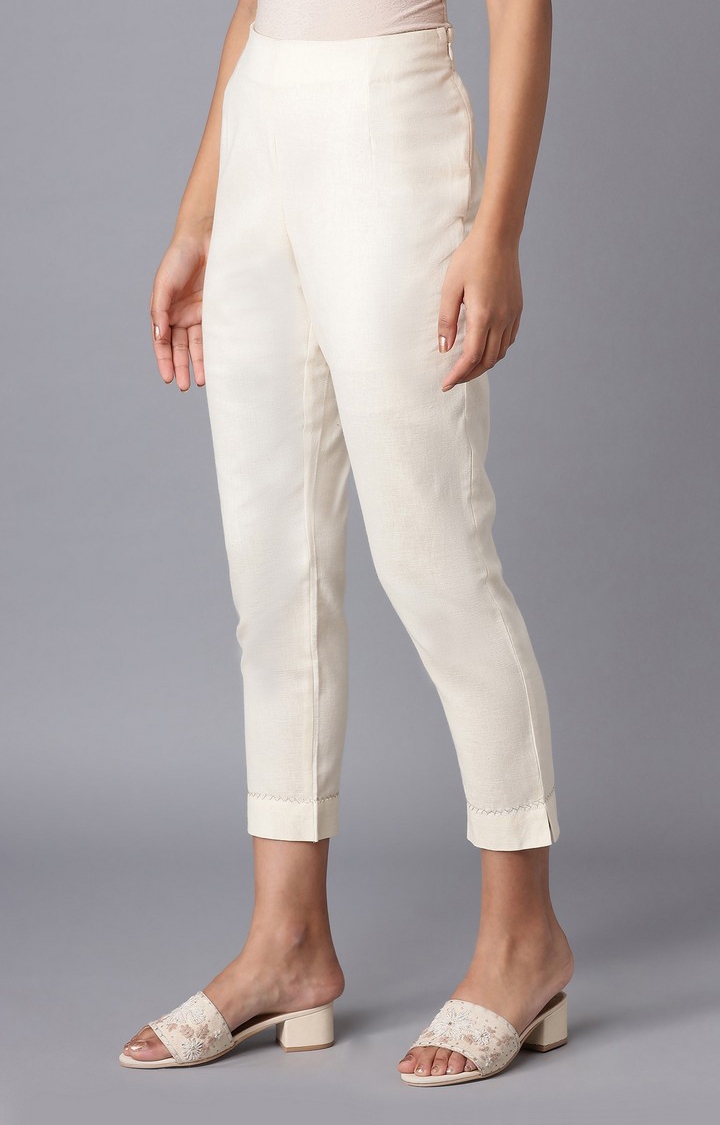 Women's White Cotton Blend Solid Trousers