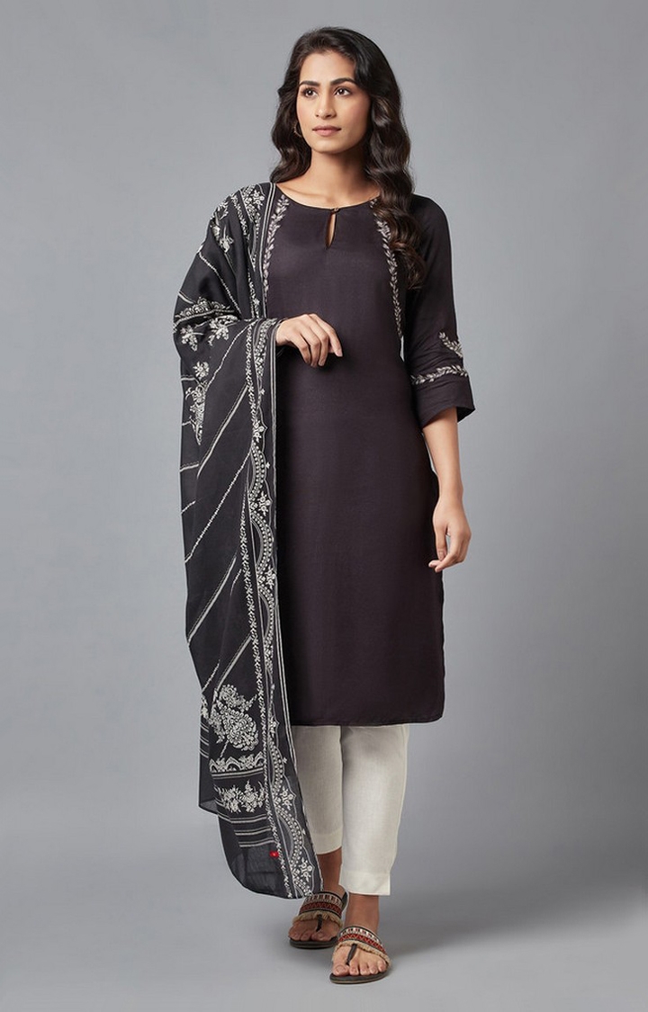 Women's Black Rayon Blend Solid Ethnic Suit Sets