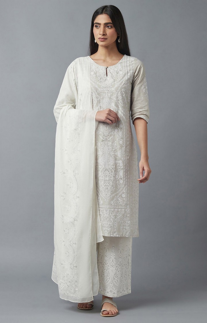 Women's Grey Cotton Floral Ethnic Suit Sets
