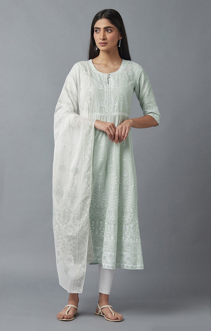 Women's Green Cotton Floral Ethnic Suit Sets