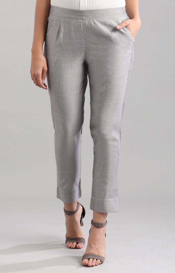 Women's Silver Viscose Solid Trousers