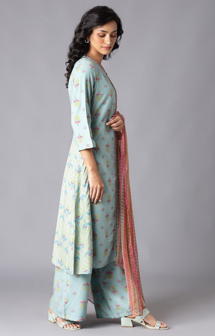 Women's Blue Viscose Floral Ethnic Suit Sets
