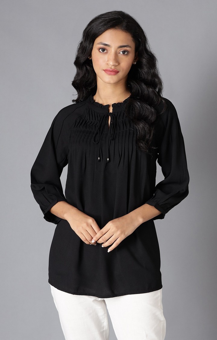 W Black A-line Pleated Top with Tie-up Neck