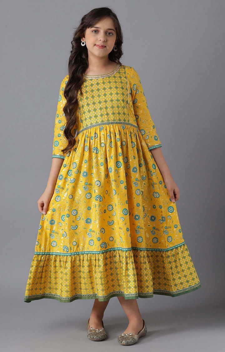 Yellow Cotton Girls Ethnic Gown