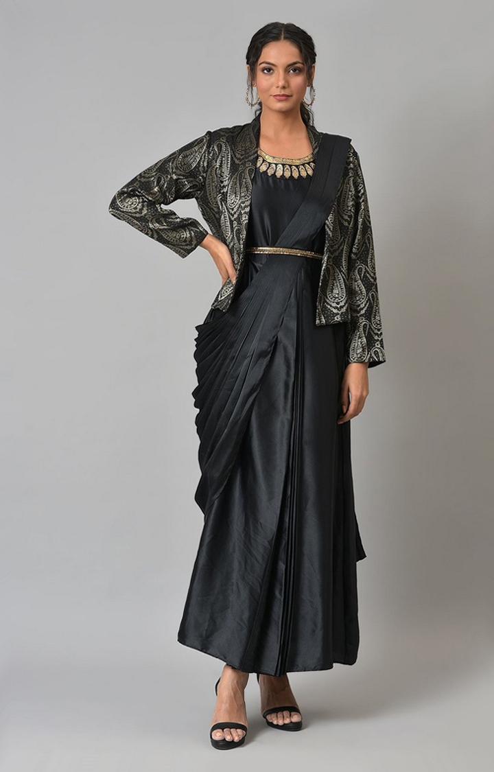 Women's Black Polyester Solid Ethnic Sets